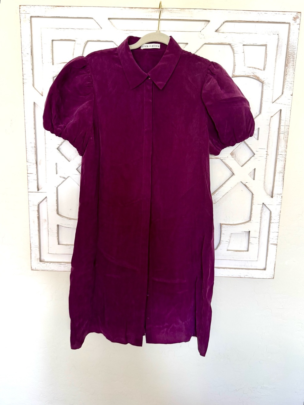Alice + Olivia Jem Puff-Sleeve Shirt Dress Boysenberry Purple Cupro - Picture 5 of 14